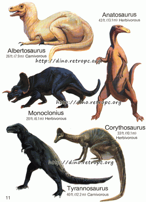 Albertosaurus (), Anatosaurus (), Copythosaurus (), Monoclonius (), Tyrannosaurus ()