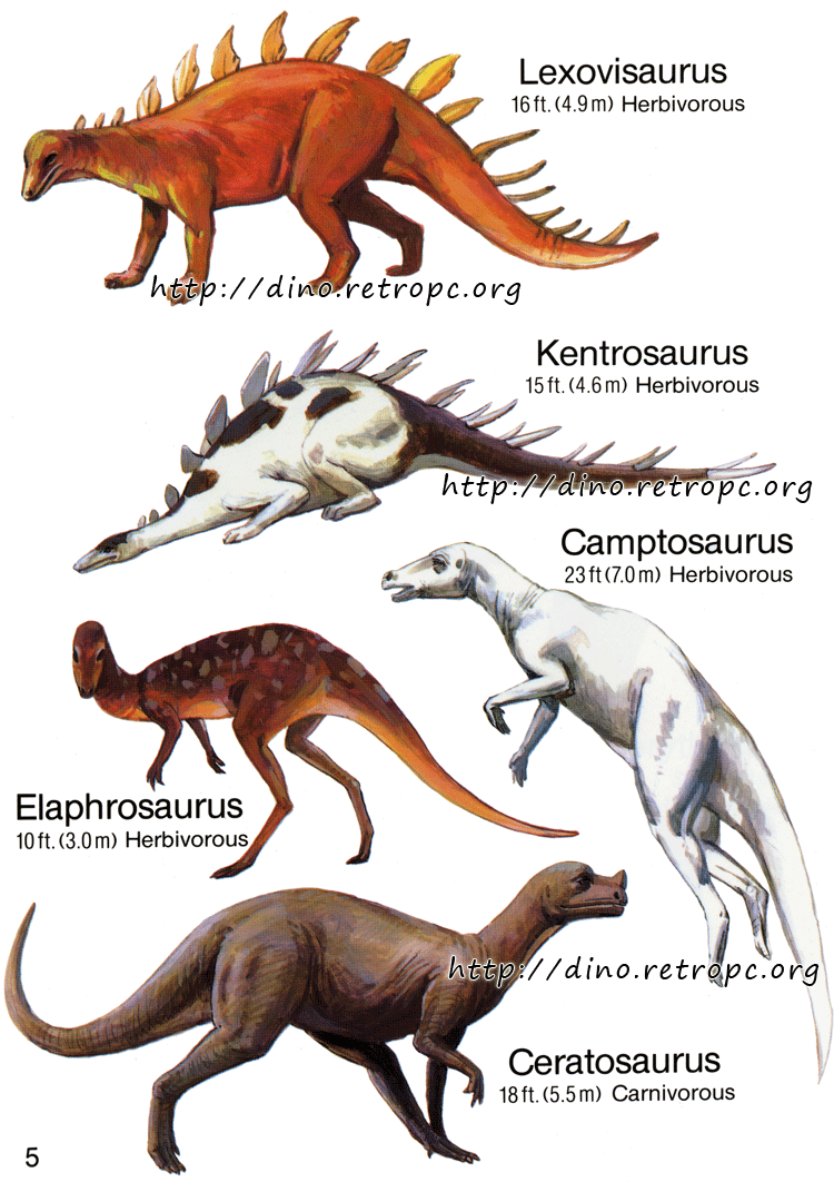 Camptosaurus (Камптозавр), Ceratosaurus (Цератозавр), Elaphrosaurus (Элафрозавр), Kentosaurus (Кентозавр), Lexovisaurus (Лексовизавр)