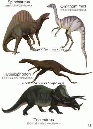 Ornithomimus (Орнитомим), Triceratops (Трицератопс), Hypsilophodon (Гипсилофодон), Spinosaurus (Спинозавр)